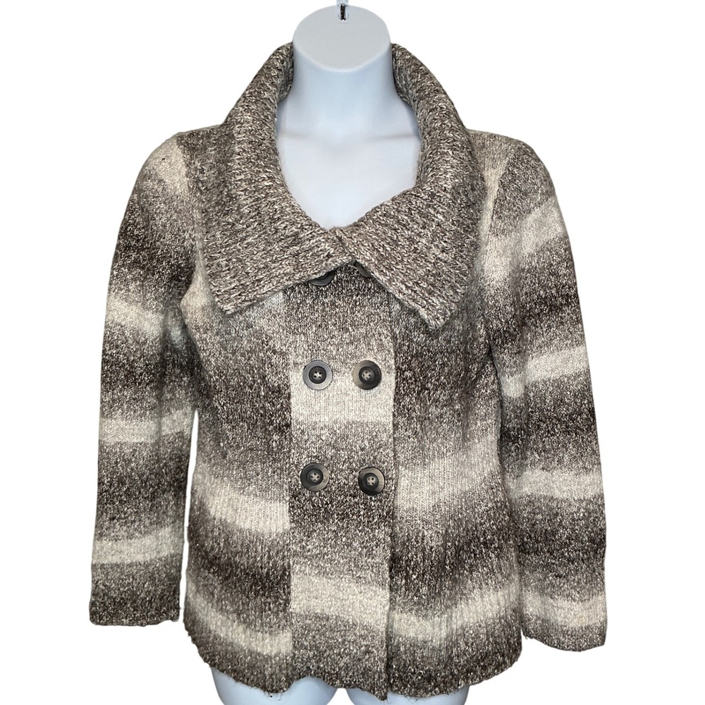 Telluride Clothing Womens Gray White Striped Chunky Knit Cardigan Sweater Sz XL‎
